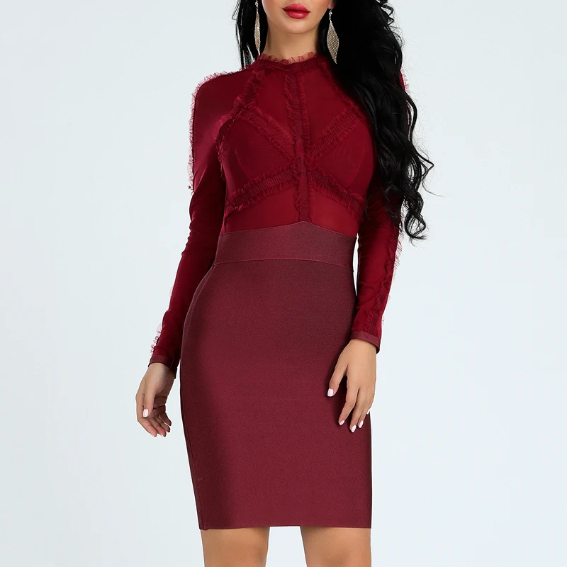 INDRESSME, женское Бандажное платье, сексуальное, кружевное, с круглым вырезом, длинный рукав, элегантное, с вырезом, облегающее, зимнее, женское, вечернее платье, vestidos