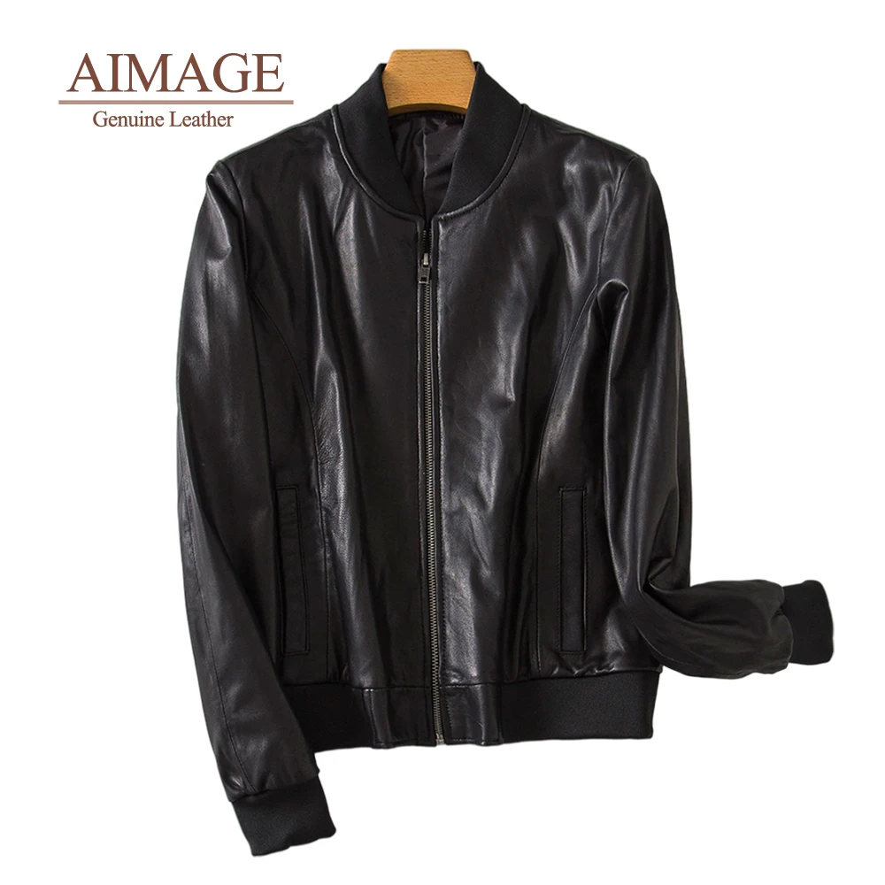 new women sheepskin leather coats zipper biker streetwear stand collar motorcycle jackets black roupa de couro feminina