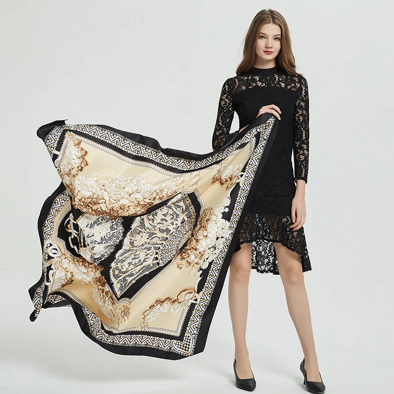 130 см женский ретро кружевной шарф шелковый с принтом платок на голову летняя
