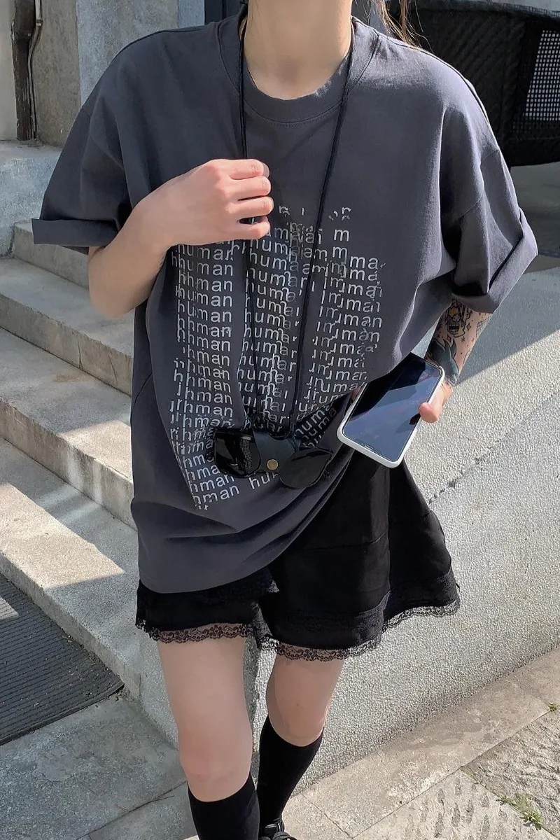 

Korean ins western style gray short-sleeved T-shirt female letter printing lazy wild boyfriend style thin top half-sleeved shirt