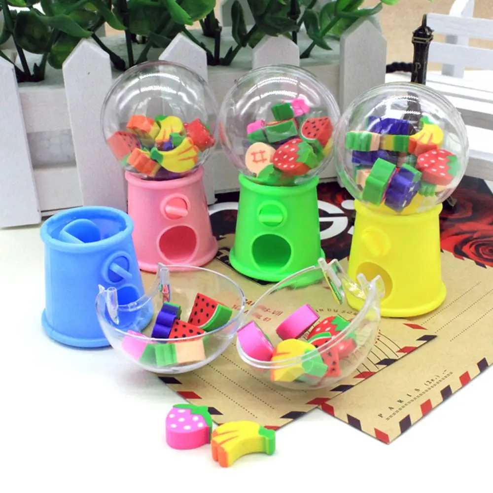 

12pcs Cute Cartoon Eraser Gashapon Machine Mini Fruit Rubber Wipe Clean Correction Tools Kids Toys School Office Supplies