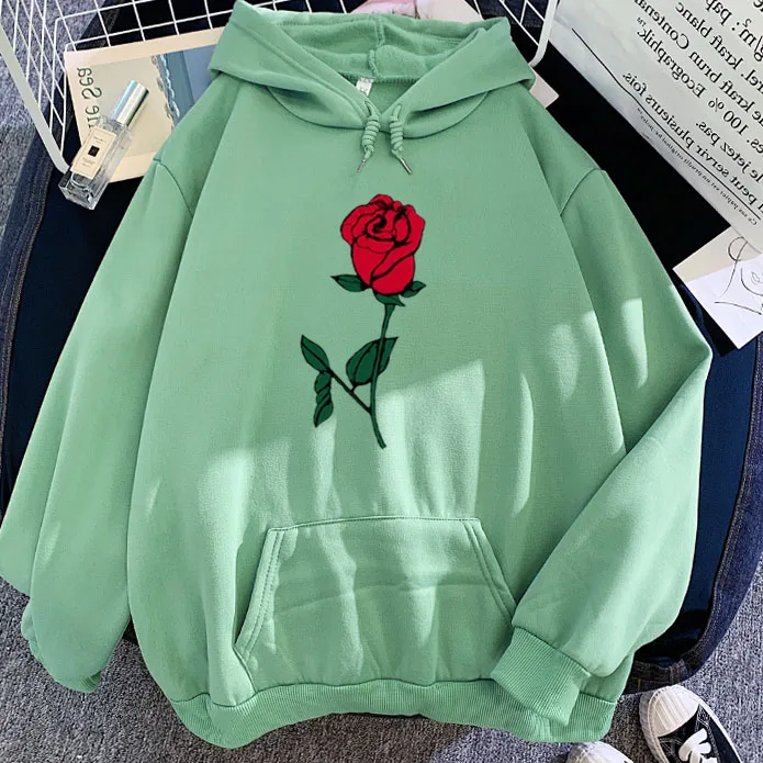 

Woman Aesthetic Hooded Sweatshirt With Pocket Harajuku Gothic Streetwear Casual Loose Pullover Flower Print Korean Pop Tops