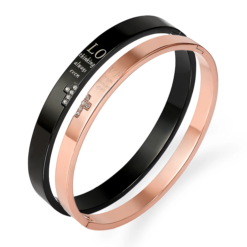

Popular Love Couple Rose Gold Black Color Stainless Steel Bangles Bracelets For Women And Man Open Simple Round Armband Jewelry