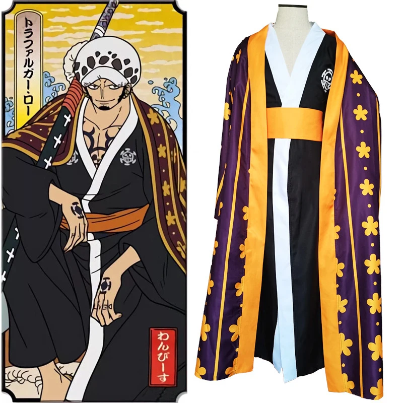 

Japan Anime One Piece Trafalgar Law Cosplay Kimono Cloak Men Top Coat Robe Full Set Halloween Bathrobe Costumes