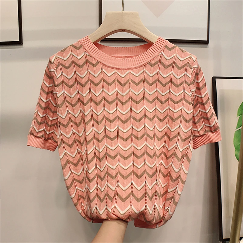 На каждый день рельефное полосатые трикотажные топы с короткими рукавами для