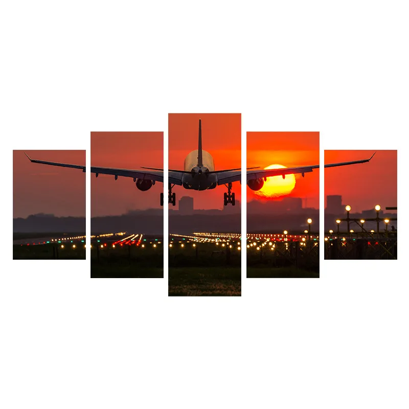 

5 Pieces Red Sunset Scenery Decor Poster HD Print Airplane Takeoff Picture Modern Wall Art Home Decoration Living Room Bedroom