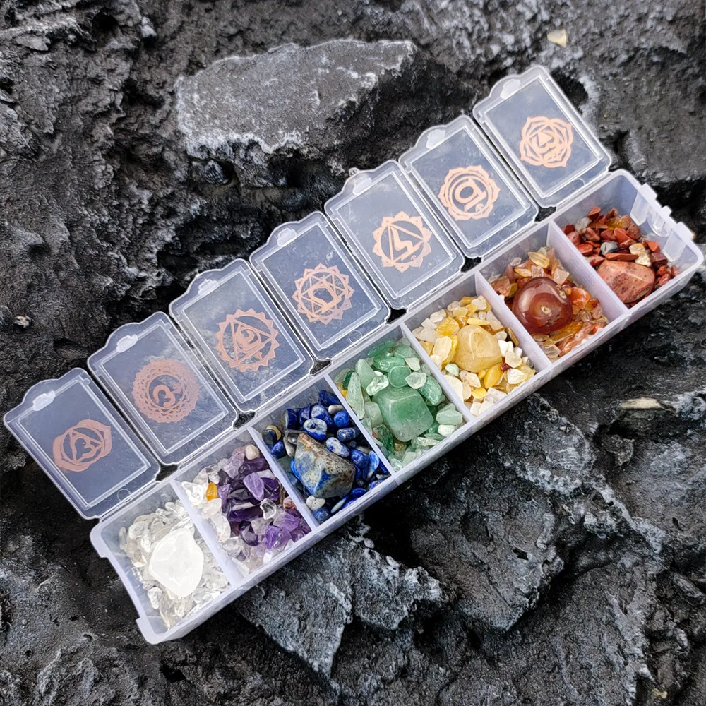 

7CHAKRA Amethyst Green Gold Seven Chakra Symbol Stone Combination Set Crushed Stone Nail Art Yoga Meditation Boxed