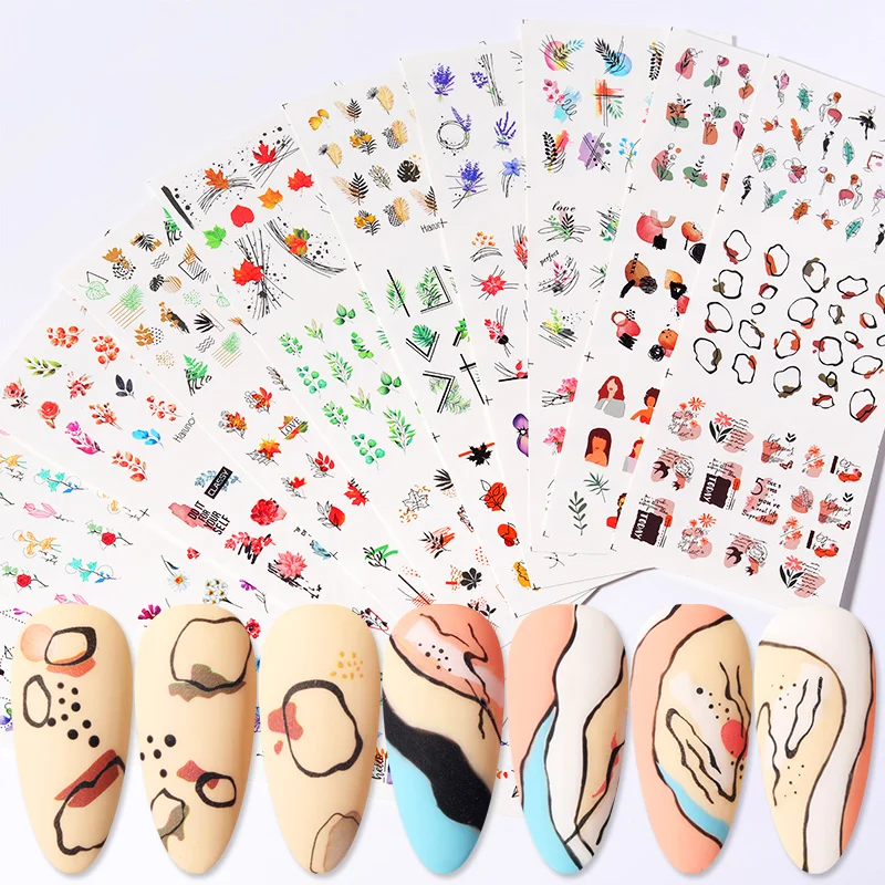 12 видов стилей Набор наклеек для ногтей с кленовыми листьями алфавита и цветов