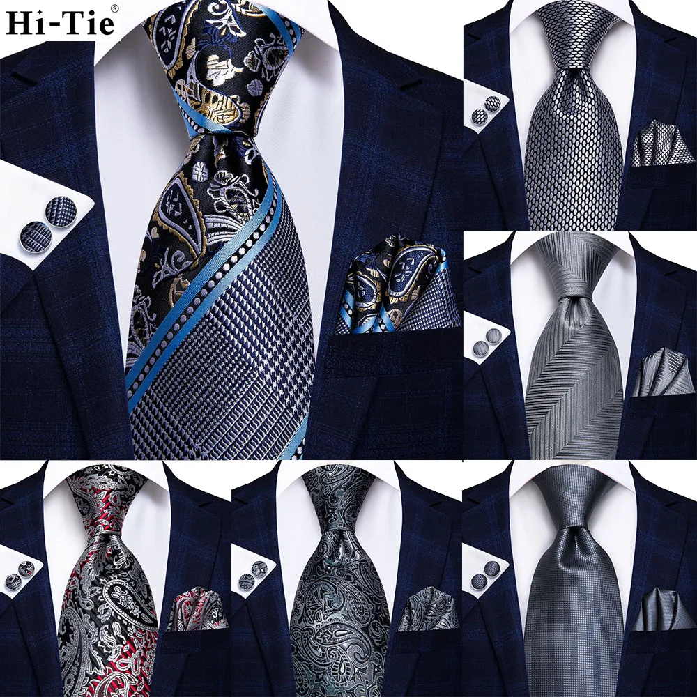

Grey Paisley Striped Silk Wedding Tie For Men Handky Cufflink Gift Mens Necktie Fashion Design Business Party Dropshiping Hi-Tie