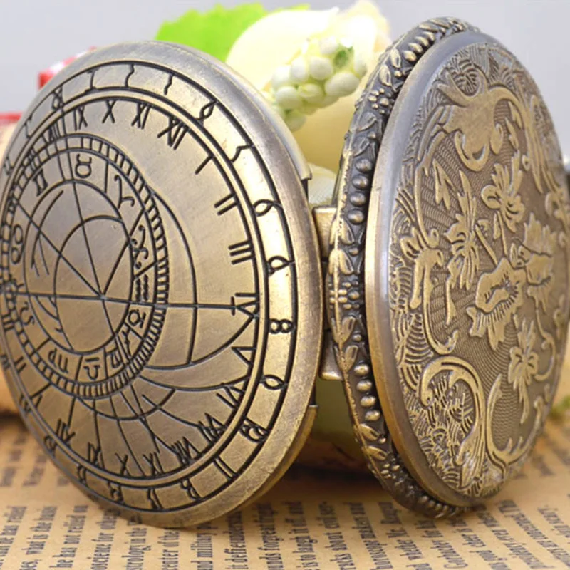Часы на цепочке, модные кварцевые карманные винтажные с компасом, с подвеской-цепочкой, бронзовый подарок