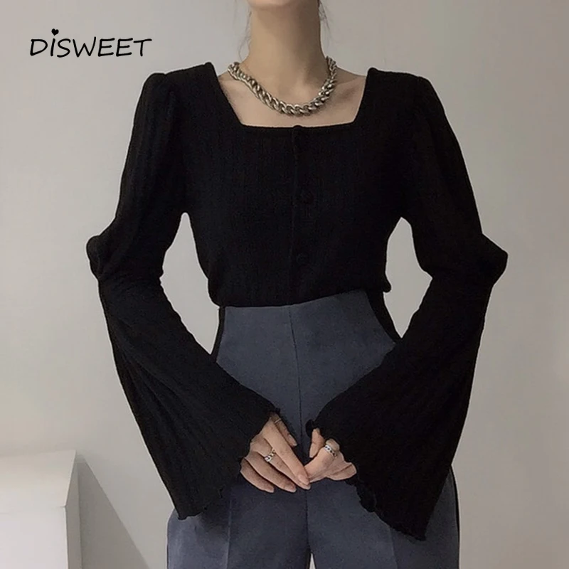 

Square Collar Solid Sweater Knitted Woman Korean Loose Flared Sleeve Cardigan Women Simple Slim Single Breasted Women's Sweater