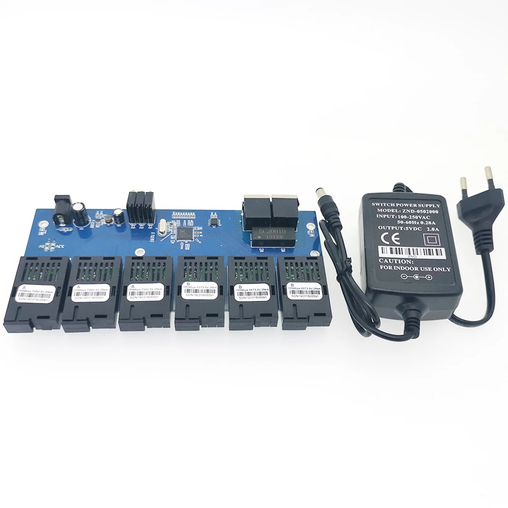 Волоконно оптический медиа конвертер 6F2E 10/100 м 25 км один режим 2 * RJ45 и 6 портов SC Fiber