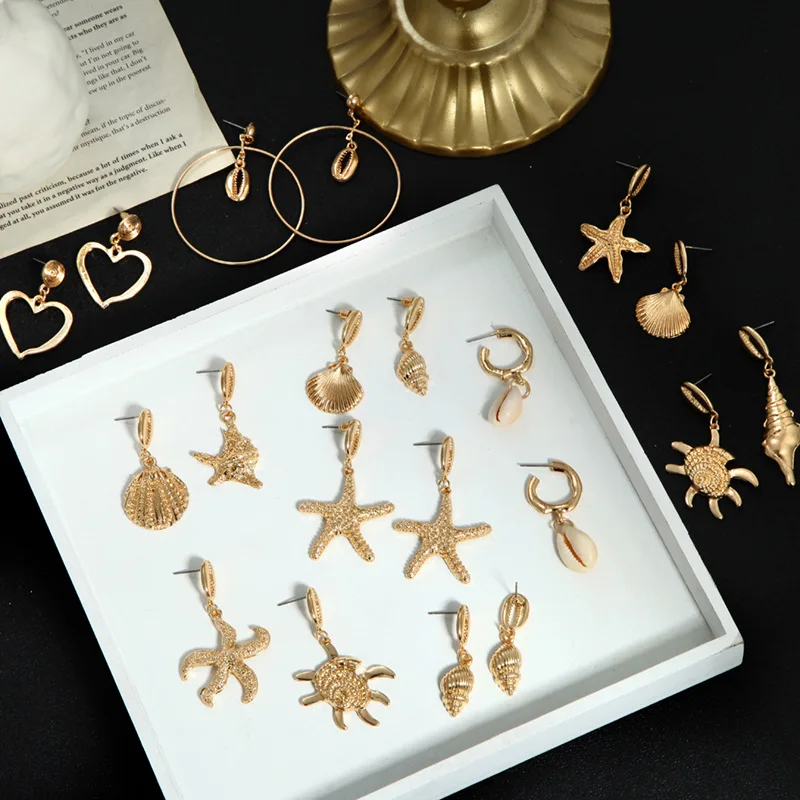 

Fashion Metal Geometric Statement Drop Earrings For Women conch starfish asymmetric Hanging Dangle Earing Female Jewelry Gift