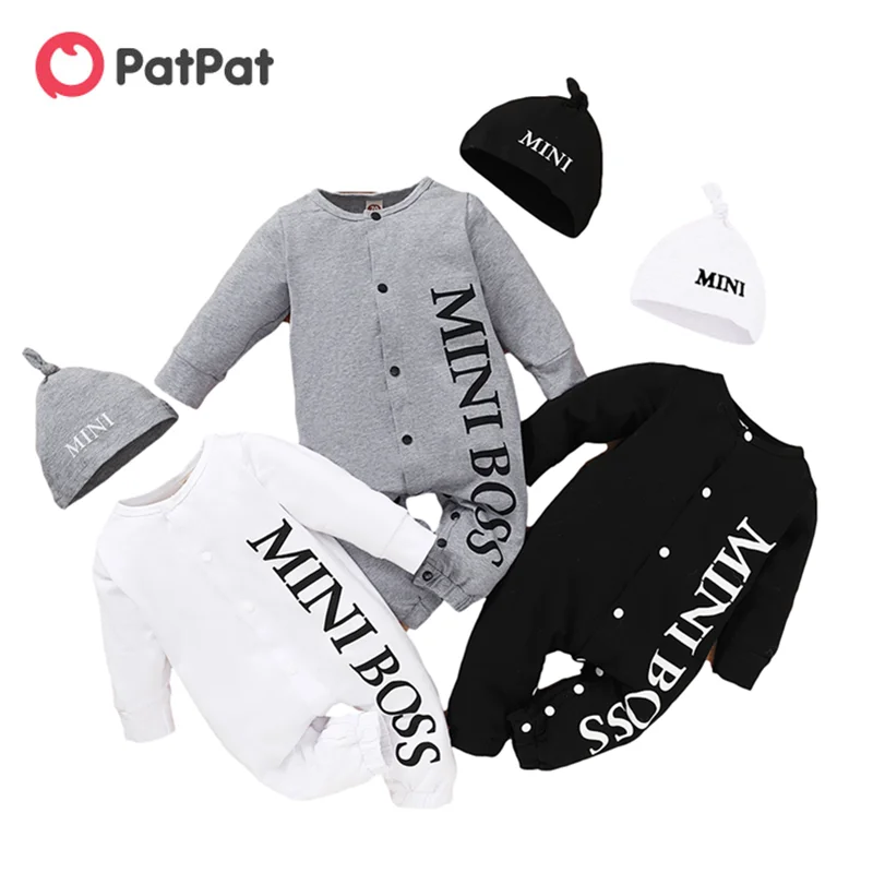 

PatPat 2020 New Arrival Autumn and Winter Baby MINI BOSS Letter Print Jumpsuit with Hat One Pieces Baby Clothes Three Colors