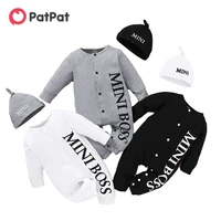 patpat 2021 new arrival autumn and winter baby mini boss letter print jumpsuit with hat one pieces baby clothes three colors