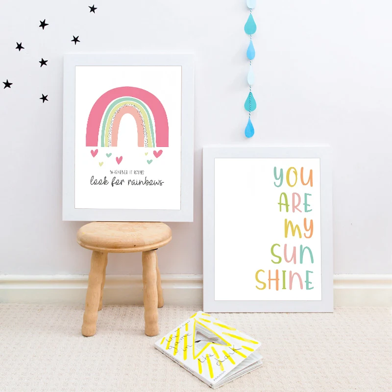 Розовые девочки только мультфильм детский плакат радуга искусство холст печать