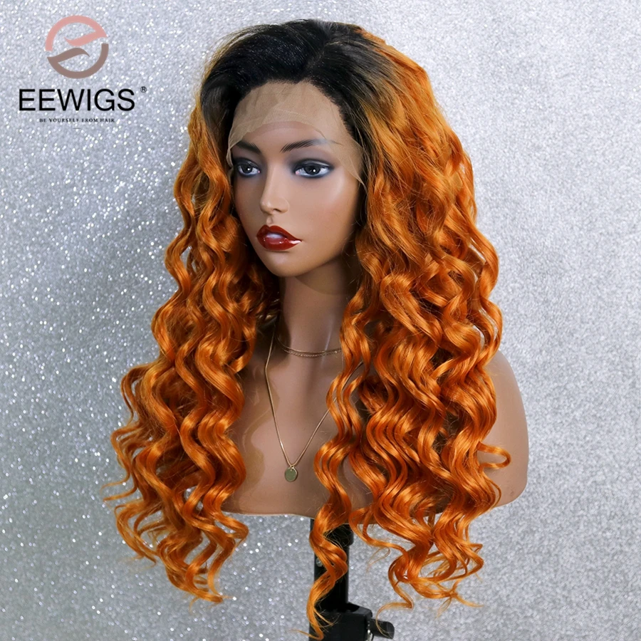 EEWIGS с боковой частью имбирный парик длинные кудрявые синтетические кружевные