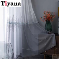 luxury grey blue embroidery voile curtain for living room sheer mesh fabric tulle curtain for bedroom window drape jk177d