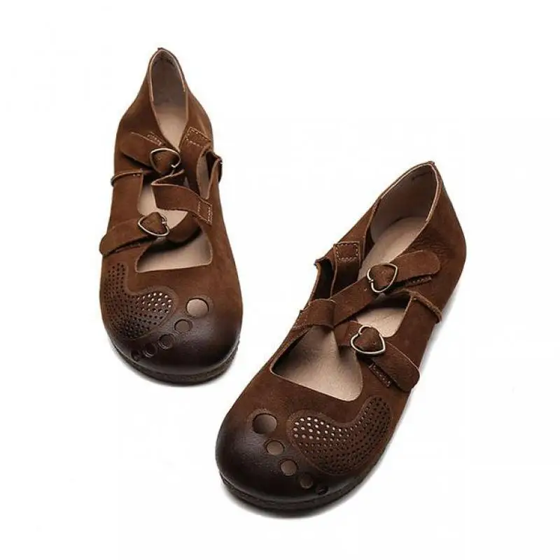 

YourSeason Women Buckle Strap Hollow Flats Genuine Leather 2020 New Ladies Shallow Casual Handmade Round Toe Concise Shoes