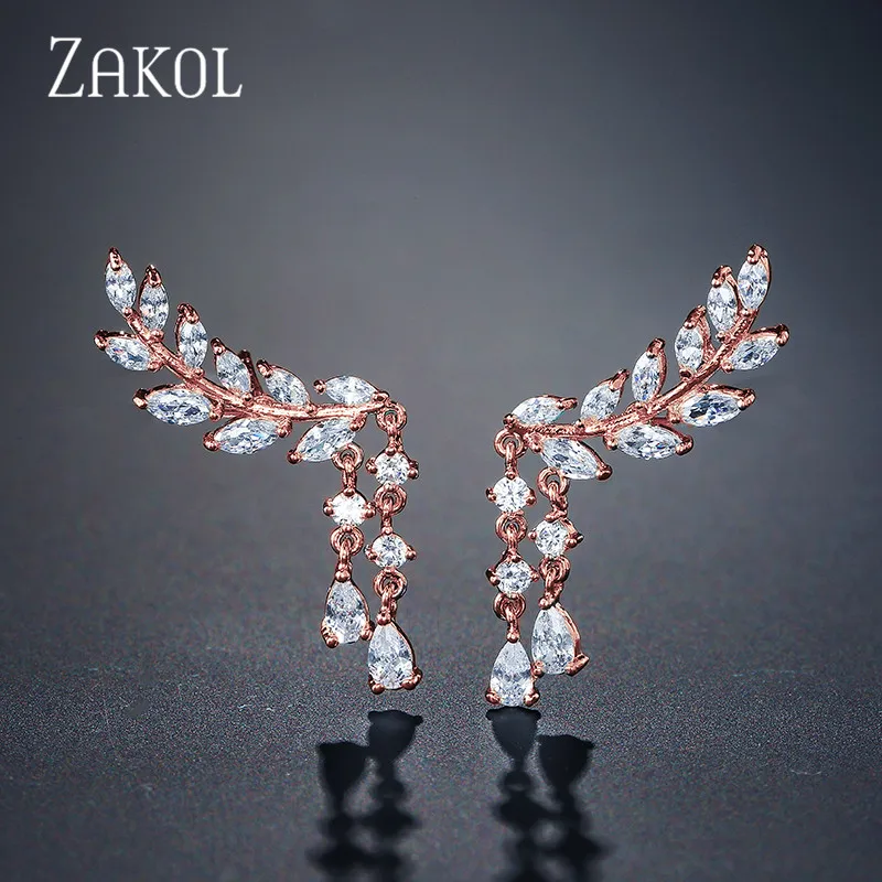 Rose Gold plated ZAKOL Лидер продаж Модные CZ Кристалл циркония лист длинные висячие серьги для женщин Девушка крыло Свадебная вечеринка ювелирные изделия подарок FSEP520 - Окраска металла: Rose Gold plated