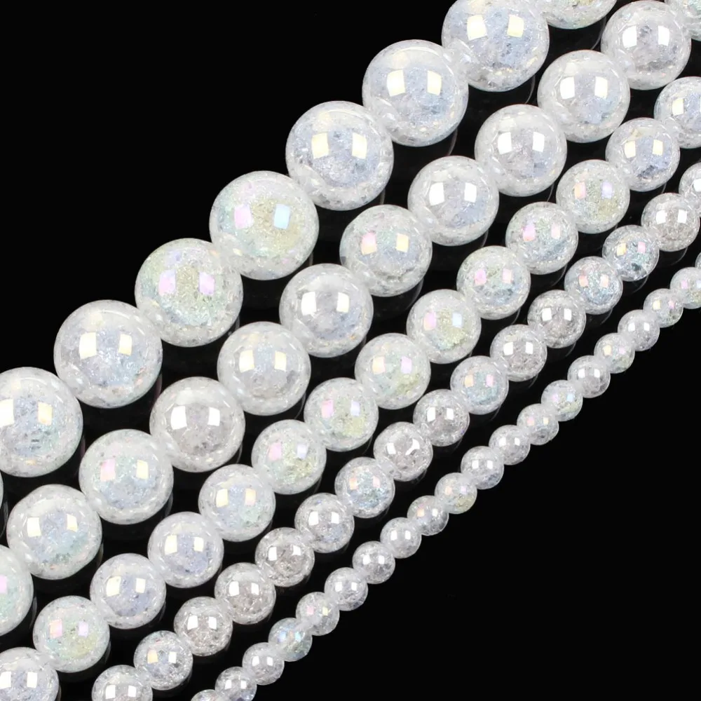 15&quotStrand Smooth White AB Round Cracked Crystal Stone Beads Loose Spacer For Jewelry Making Bracelet Neck 6-12mm | Украшения и