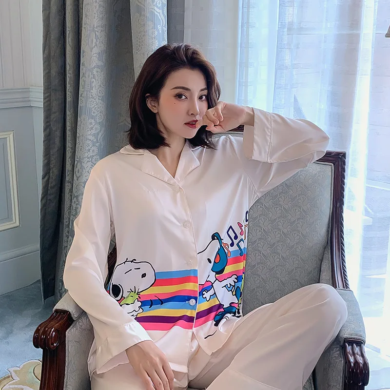 

New Style Pajamas Women Spring And Autumn Fashion Casual Female Pyjamas Simulation Silk Home Service Suits Can Be Worn Outside