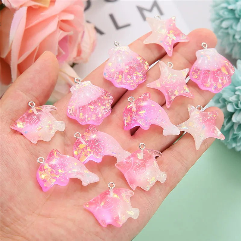 

10pcs/lot Glitter Resin Fish Shell Starfish Charms Pendants DIY Necklace Earrings For Jewelry Making Accessories