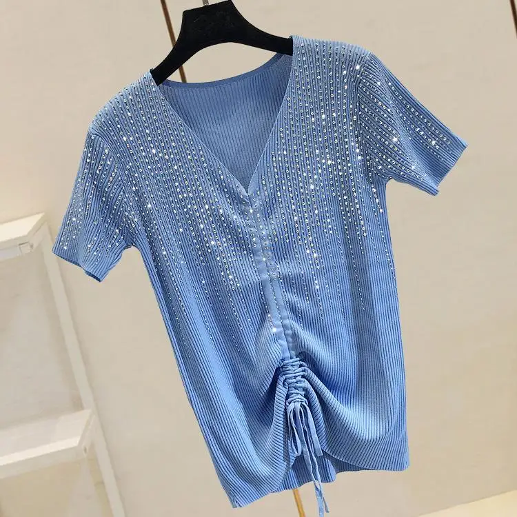 

Hot Rhinestone Ice Silk Knit Women's Thin V-neck 2021 Summer Drawstring Short Sleeve T-shirt Sexy Slim Top Women Sexy Tops