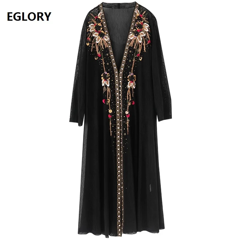 

Casacos Feminino 2020 Summer Casual Long Coat Cardigan Women Hand Made Beading Deco Long Sleeve Cardian Jacket Plus Size 5XL 6XL