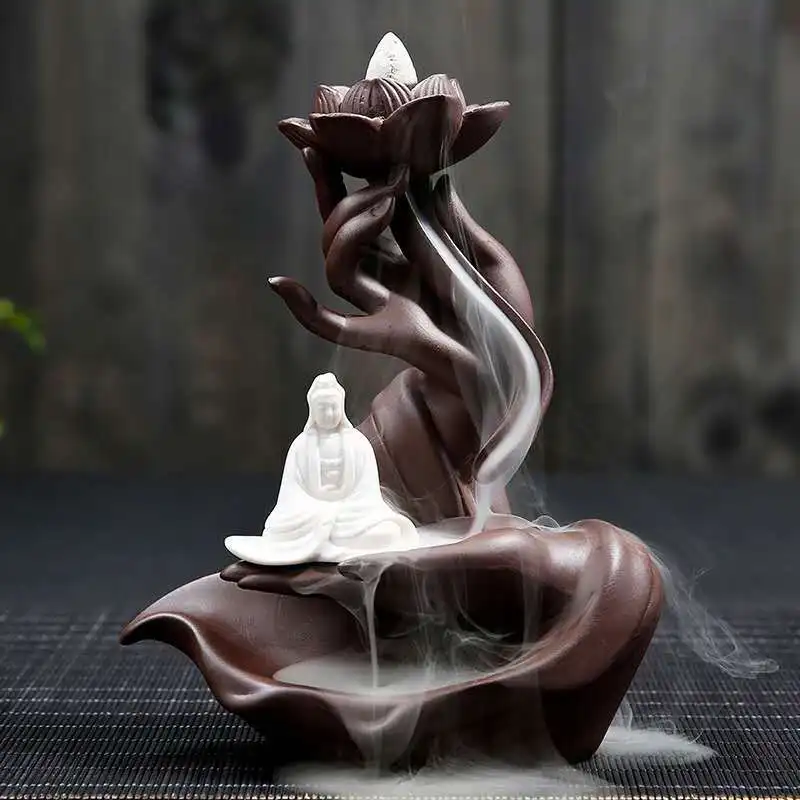 

Zen Buddha Hand Incense Burners Backflow Incense Burner Cones Holder Lotus Home Decoration Joss Stick Aroma Tower Censer Gifts