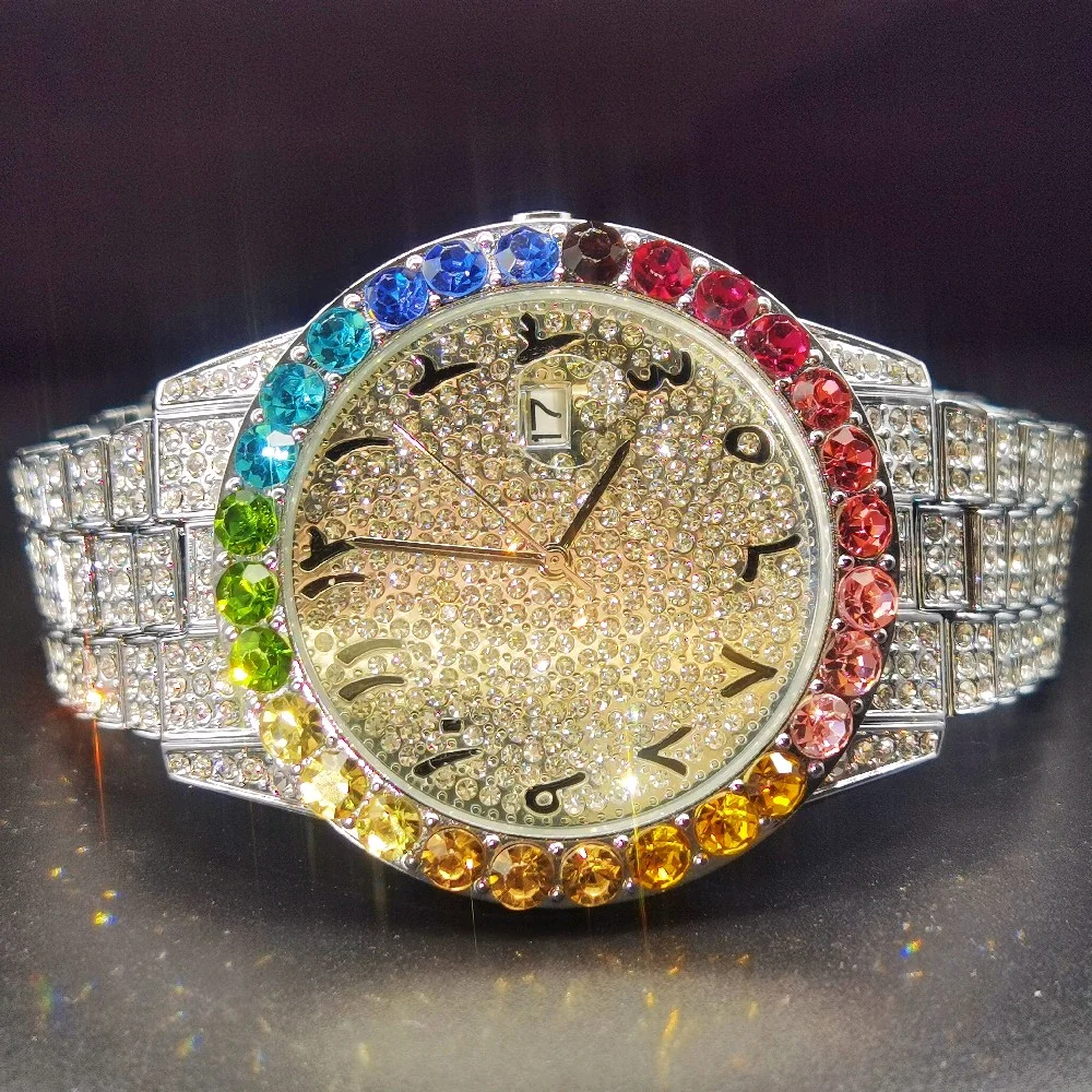 

MISSFOX Rainbow Diamond Man Watch Large Dial Bling Bling Hiphop Wristwatch Men Luxury Quartz Super Fashionable Watches Male Part