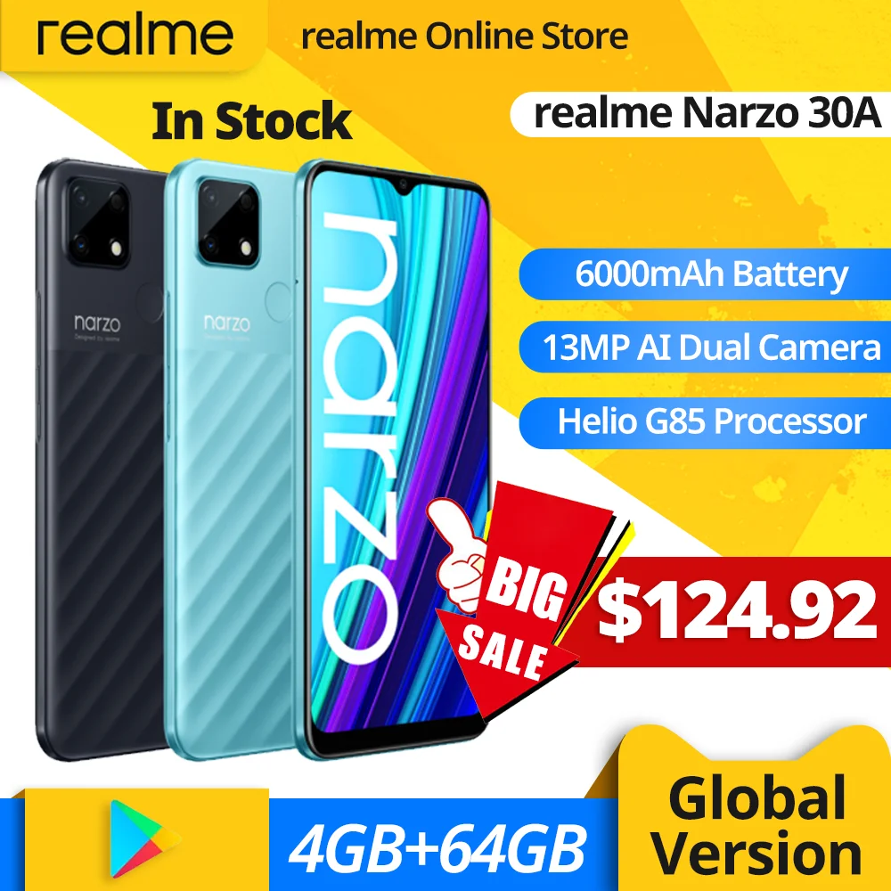 Realme Narzo 30A глобальная версия смартфон 4GB 64GB Helio G85 6 5 дюймов полноэкранный 13MP AI