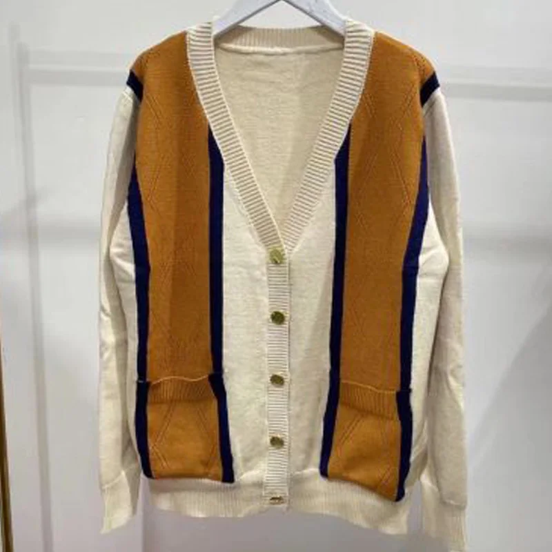 

She Beaty Women Sweater Cardigans 2021 Autumn Winter V-Neck Single Breasted Striped Loose Casual Korean Style Traf Outwear Tops