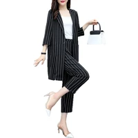 new large size stripe suit two piece fashion nine minute pants suit for women