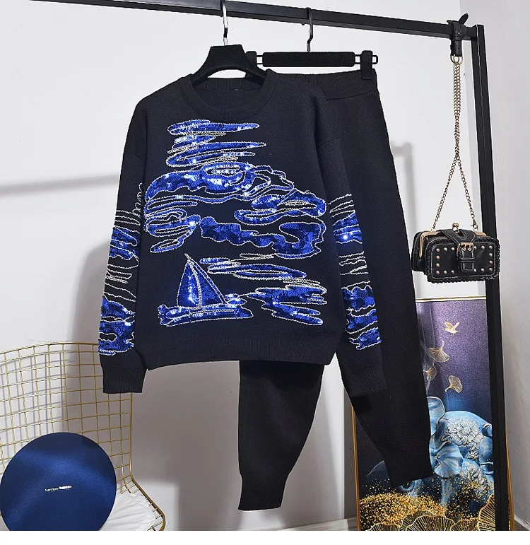 

Костюм спортивный женский вязаный, черный свитер и длинные брюки-карандаш, весна-осень