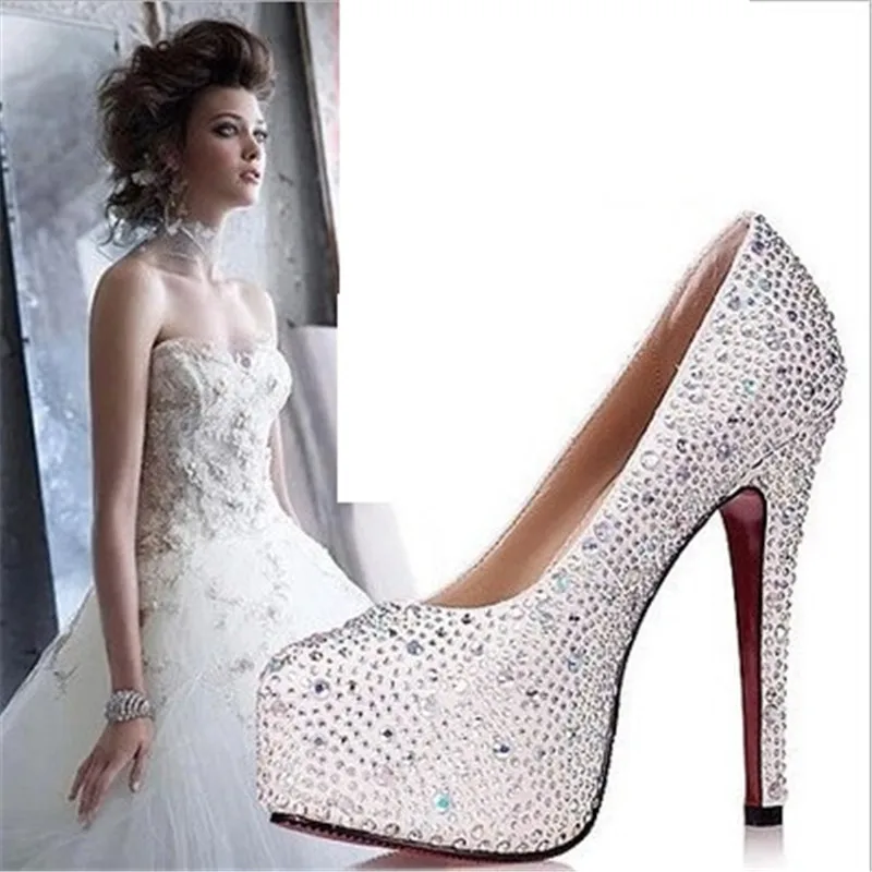 

Big Size 34-42 Crystal Queen Pumps 11cm High Heels Women Platform Wedding Shoes Bridal Bling Rhinestone Ankle Strap Shoes