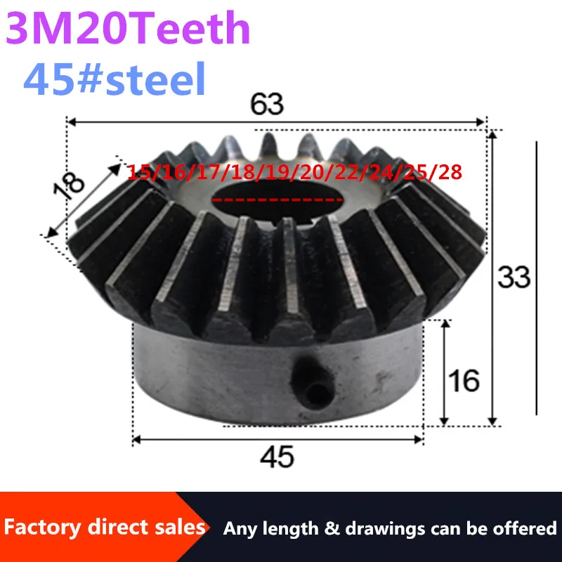 

1pc Bevel Gear 3M 20Teeth inner hole 15/16/17/18/19/20/22 /24/25/28mm gear 90 degrees meshing angle Steel Gears Screw Hole M5