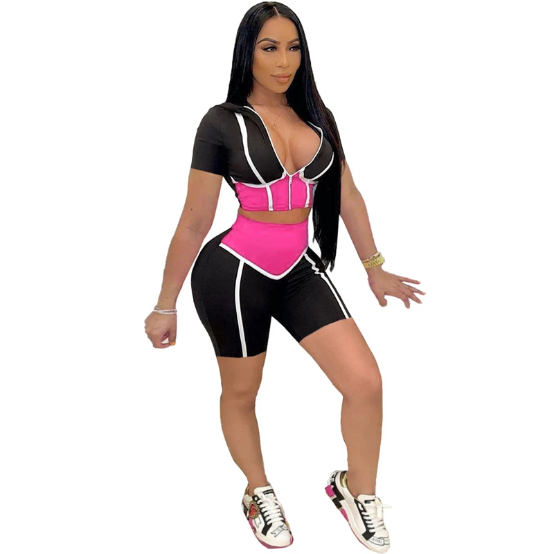 

Women Matching Sets Casual Patchwork Tracksuit Short Set Fashion Two Piece Fitness Outfit Short Sleeve Zipper Tops Shorts Sets