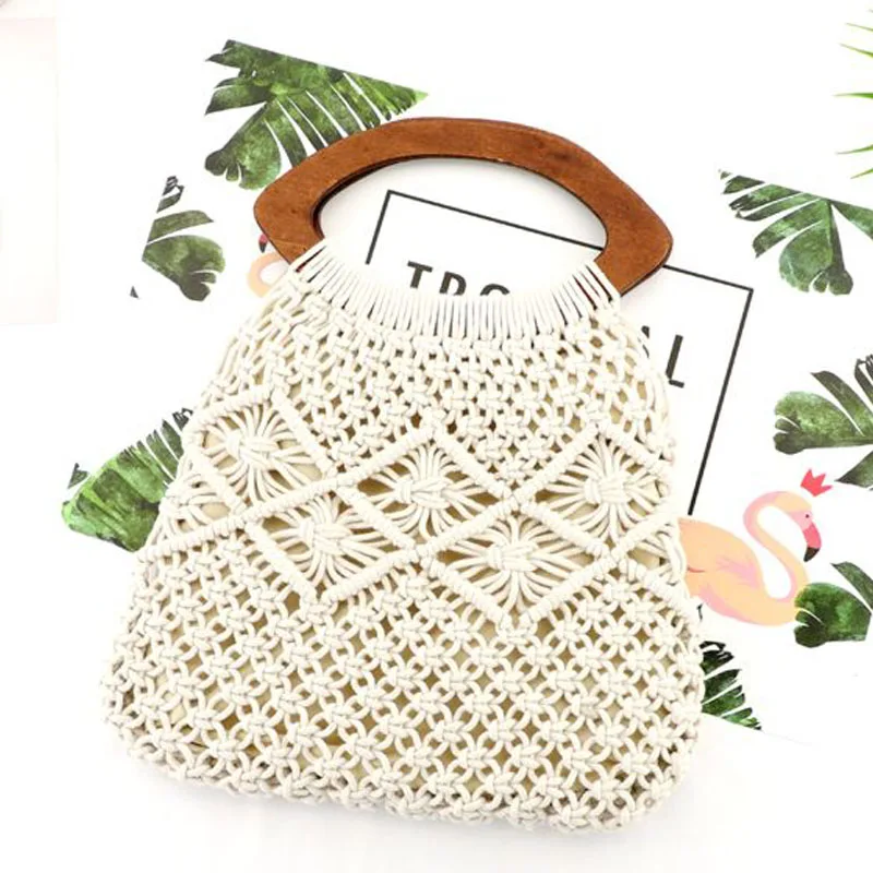 Wooden handle Portable cotton rope weaving straw bag handmade net handbag beach plait | Багаж и сумки