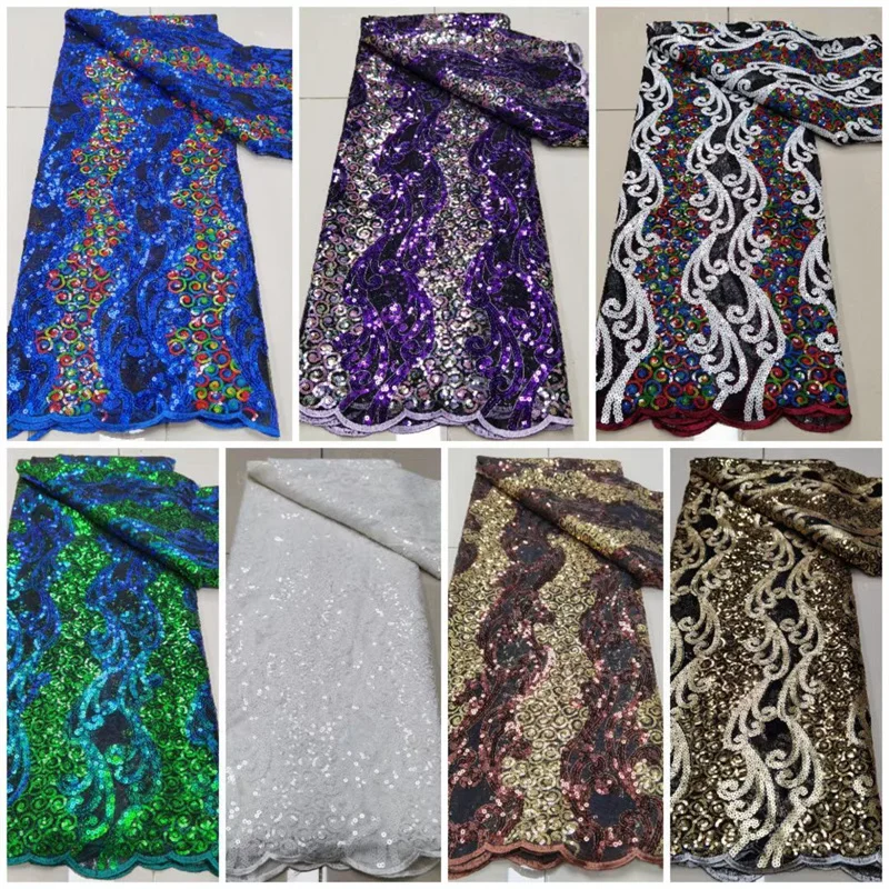 

2021 Royal Blue Nigerian Mesh Net Lace African Sequins Lace Fabric High Quality French Mesh Tulle Lace Fabric for party dress