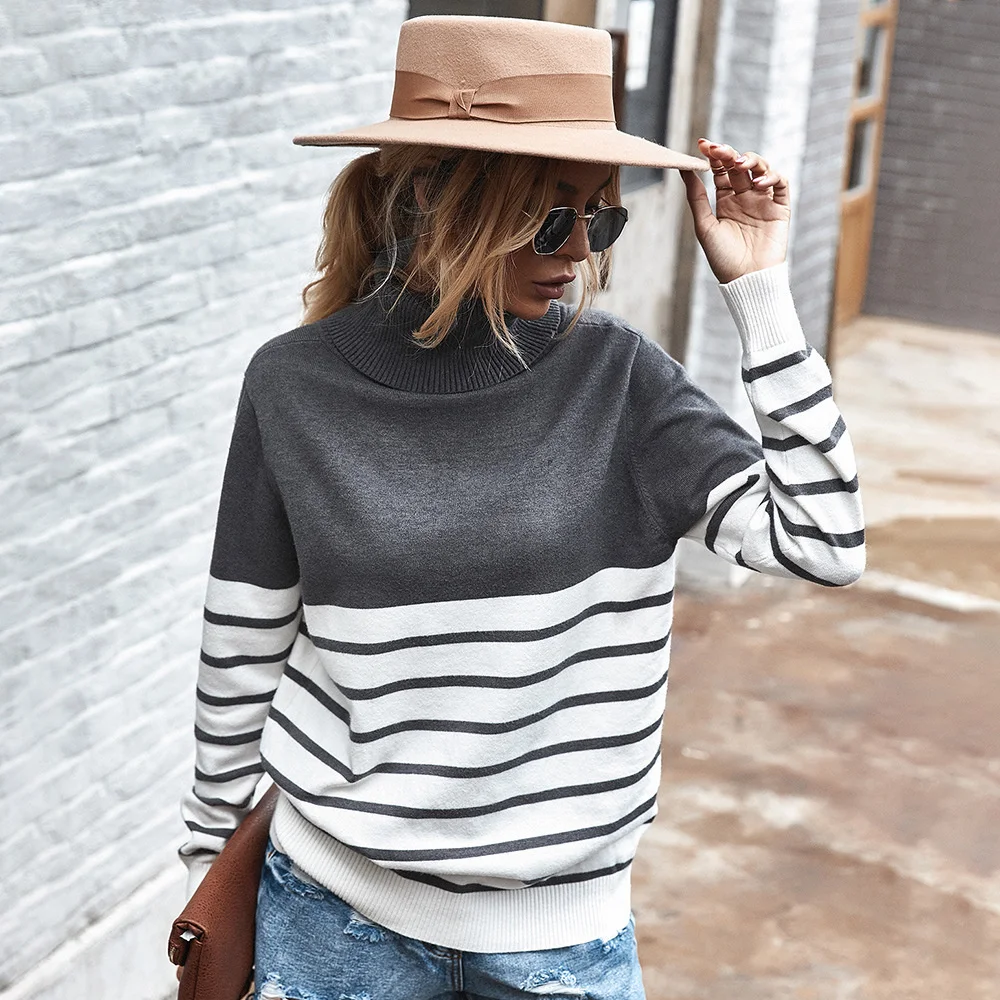 

Весенний полосатый свитер JCHB с воротником-хомутом, женские осенние вязаные свитера с длинным рукавом, теплые женские Повседневные свитера