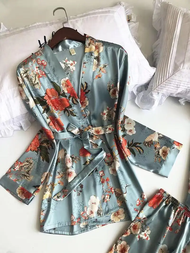 Новые женские пижамные комплекты из 3 предметов с брюками, сексуальная пижама, атласная ночная рубашка с цветочным принтом, шелковое ночное белье, пеньюар, Пижама, одежда для дома