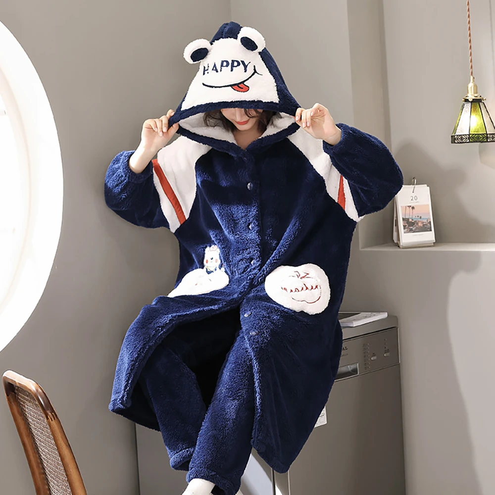 

Пижама женская фланелевая, Толстая теплая одежда для сна, длинный пижамный комплект с милым мультяшным рисунком, модный Халат с капюшоном, н...