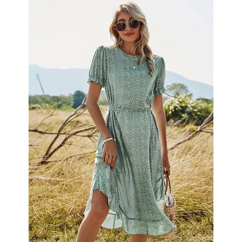 

Summer A-Line Floral Print Short Sleeve Women Dress Vintage O-Neck Holiday Dress Elegant Ruffle Casual Lady Midi Dress
