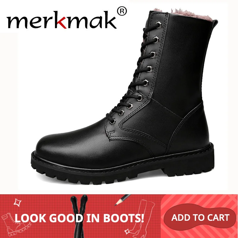 Merkmak Genuine Leather Snow Boots Autumn& Winter Military Boot Plush Outdoor Casual Men's High Boots Footwear Lace up Flats