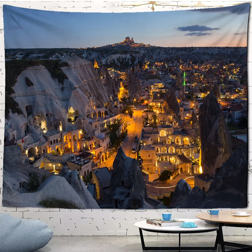 Настенный гобелен с принтом Город ночная сцена большой в стиле хиппи настенный