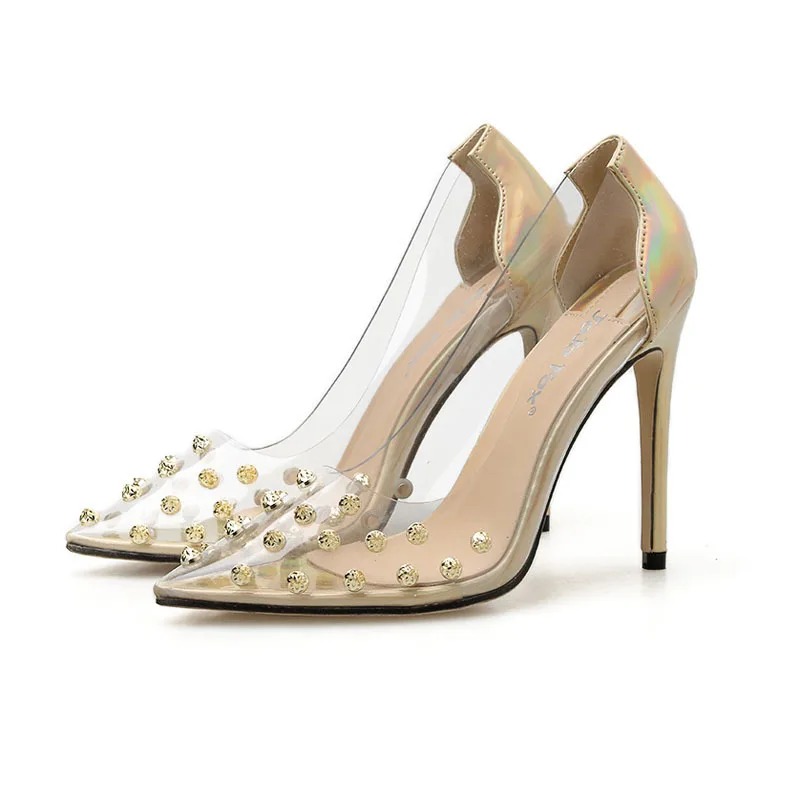 

Women shoes sexy transparent pointed rivet thin heel high heel large women's shoes 41
