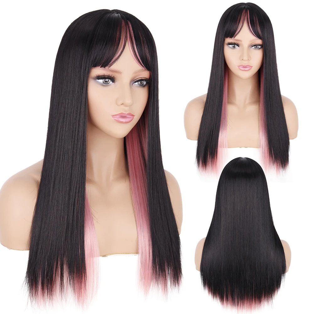 LingHang Синтетические длинные прямые Разноцветные парики для женщин с челкой