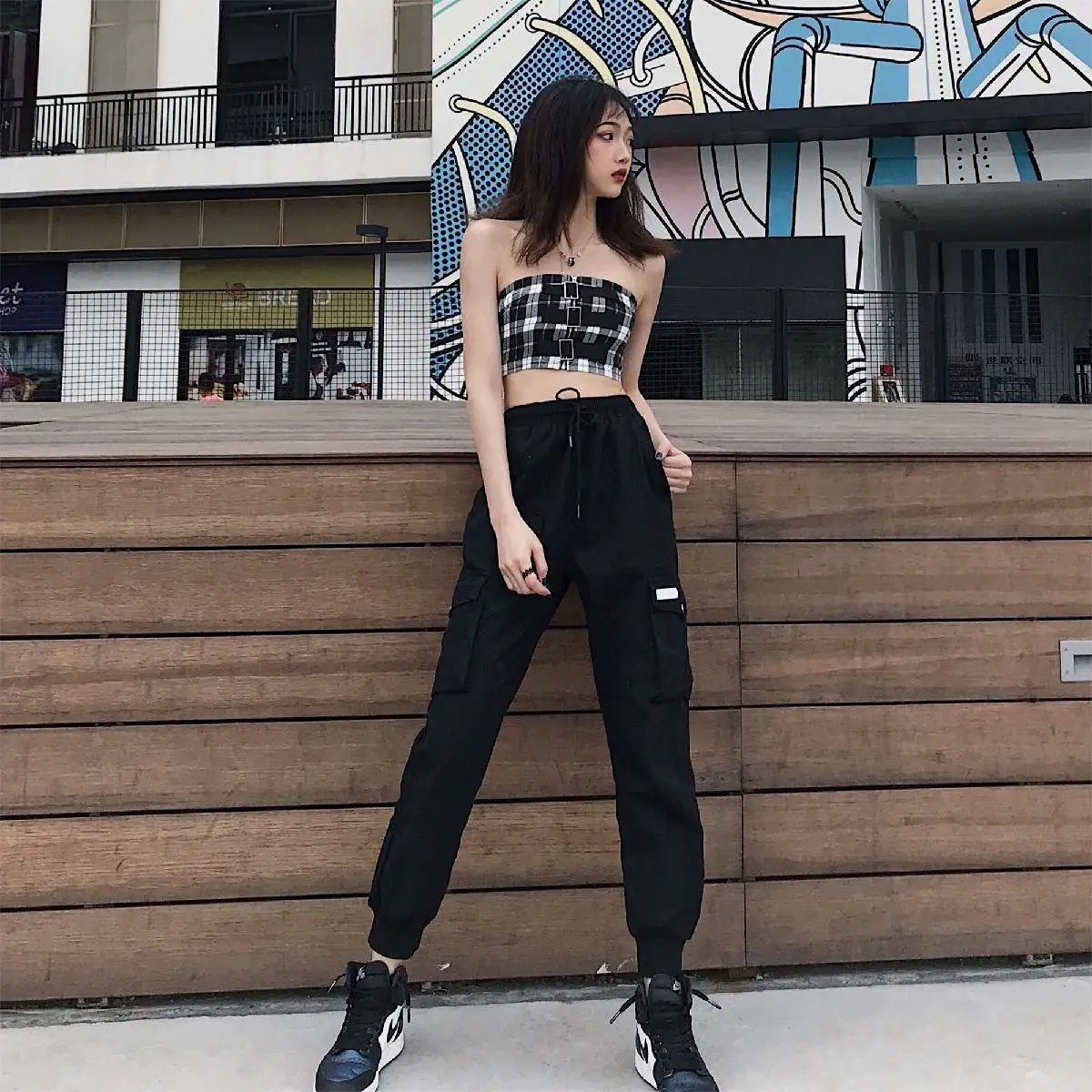 Джоггеры с лентами и карманами в японском стиле брюки карго шаровары уличная