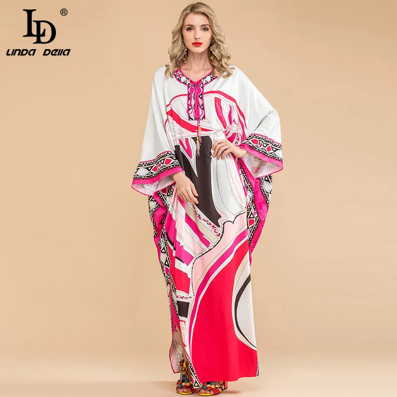 

LD LINDA DELLA Summer Fashion Designer Loose Maxi Dress Plus Size Women Batwing Sleeve Knitting elastic Printed Boho Long Dress